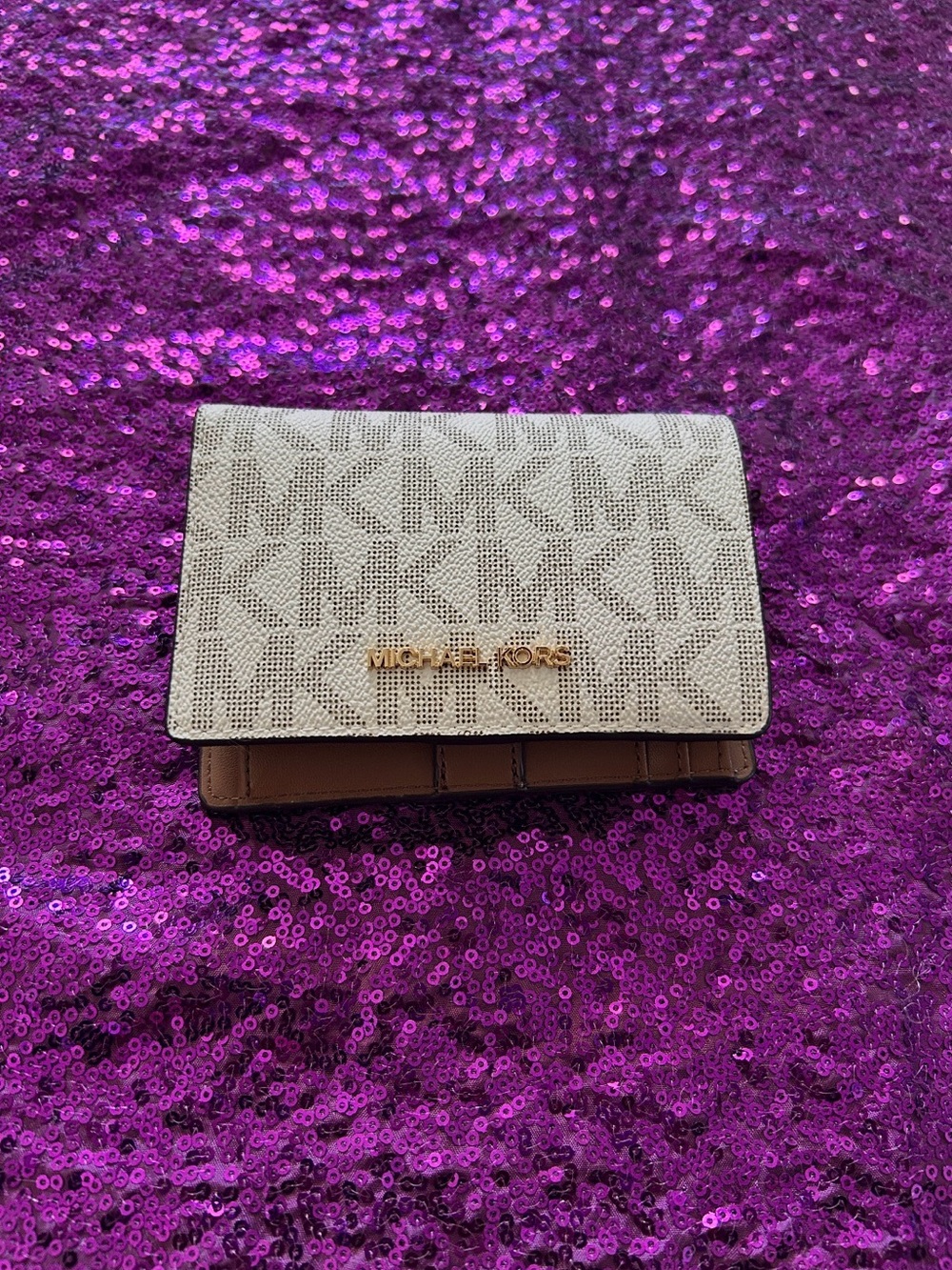 Michael Kors Beige Logo Compact Trifold Wallet with Brown Interior